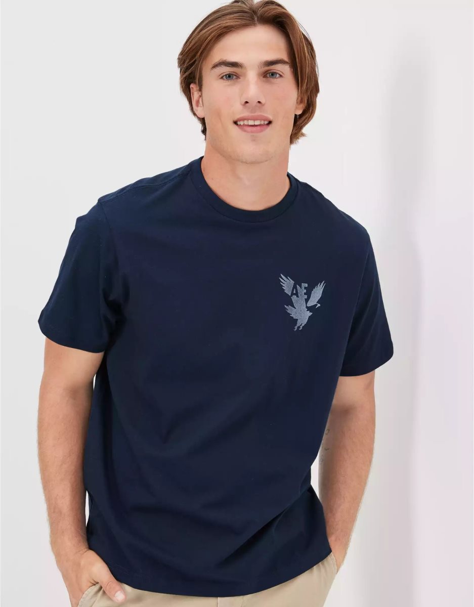 T Shirt Graphique American Eagle AE Super Soft Logo Bleu Marine Homme | HWH-85704546